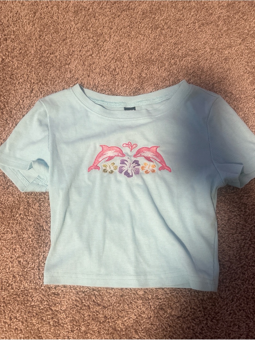Shein Light Blue Dolphin Embroidered Tee